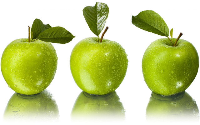 Three green apples leaves water free wallpaper for desktop - medium preview image