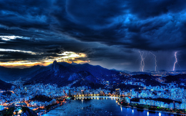 City lights water thunderstorm matte free wallpaper for desktop - medium preview image