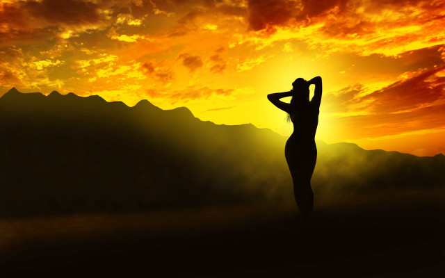 Sunset woman backlighting autumn mountain free wallpaper for desktop - medium preview image