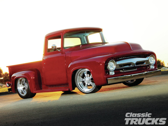 Red truck parked road forest free wallpaper for desktop - medium preview image