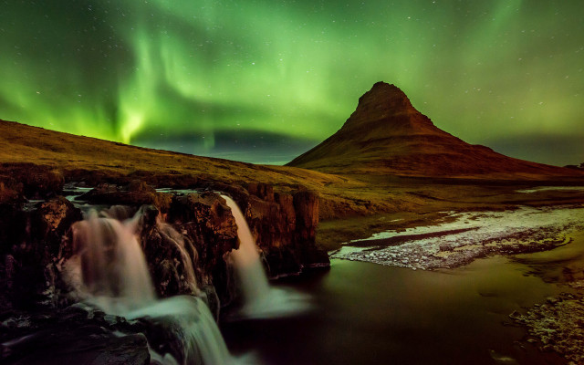 Waterfall green aurora mountain stream free wallpaper for desktop - medium preview image