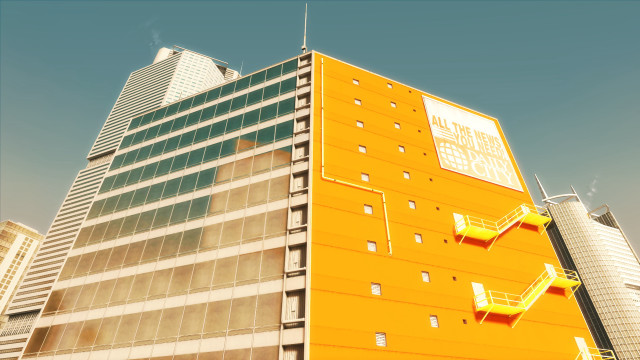 Tall building yellow sign cityscape free wallpaper for desktop - medium preview image