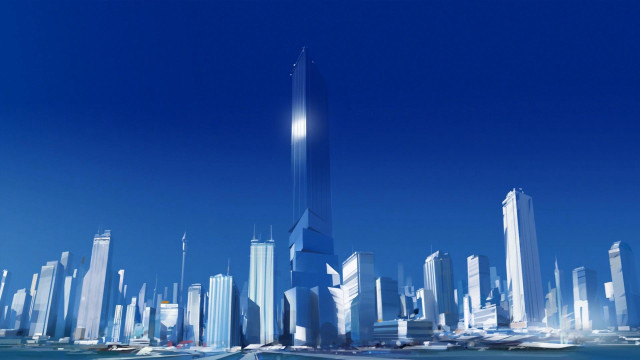 Futuristic city skyscraper ocean boat free wallpaper for desktop - medium preview image
