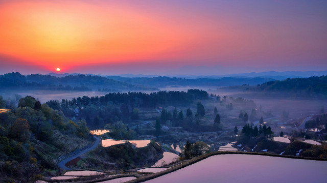 Sunset valley lake mountains fog free wallpaper for desktop - medium preview image