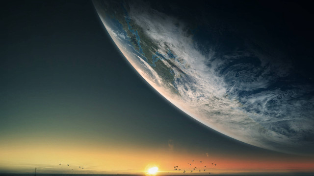 Large planet sun birds matte free wallpaper for desktop - medium preview image