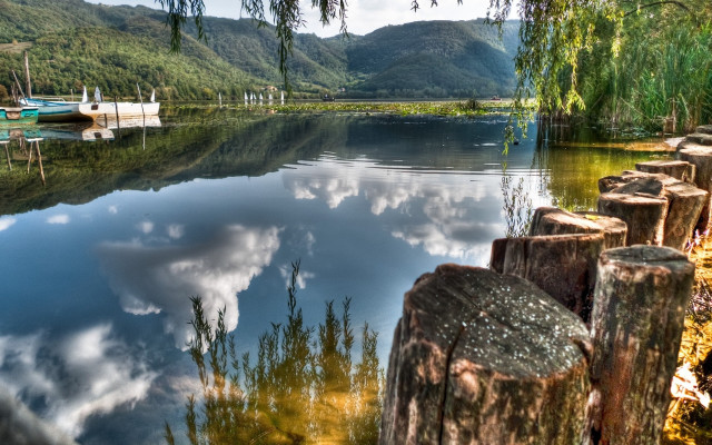 Lake boats trees clouds matte free wallpaper for desktop - medium preview image