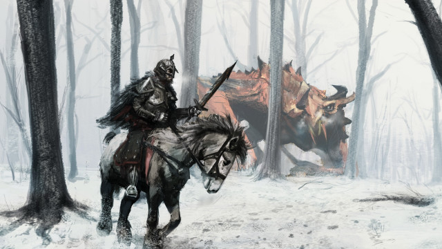 Man horse dinosaur forest snow free wallpaper for desktop - medium preview image