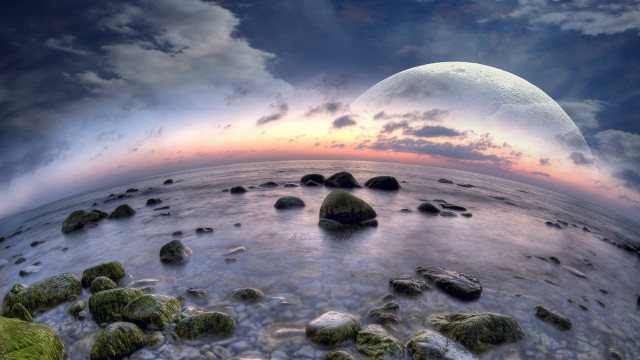 Planet mountains ocean moon clouds free wallpaper for desktop - medium preview image