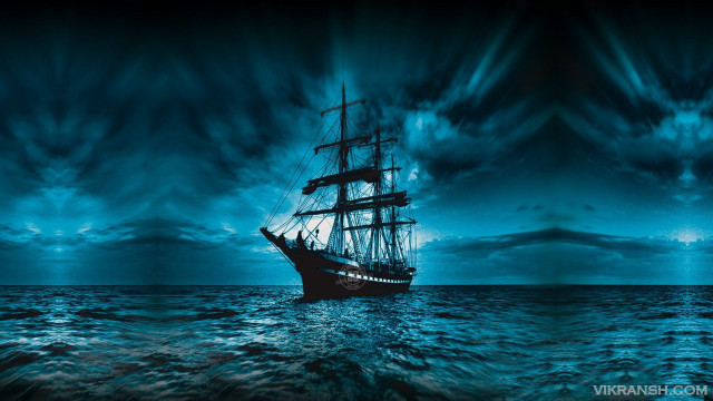 Ship sailing ocean night sky free wallpaper for desktop - medium preview image