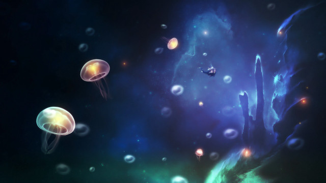 Jellyfish underwater bubbles starry sky free wallpaper for desktop - medium preview image