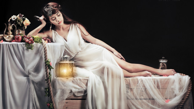 Woman white dress bed lantern #2 free wallpaper for desktop - medium preview image