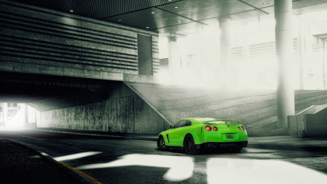 Green sports car tunnel city free wallpaper for desktop - medium preview image
