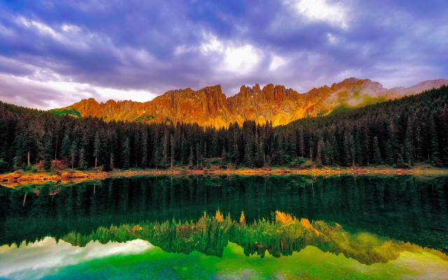 Lake mountains trees rainbow sky free wallpaper for desktop - medium preview image