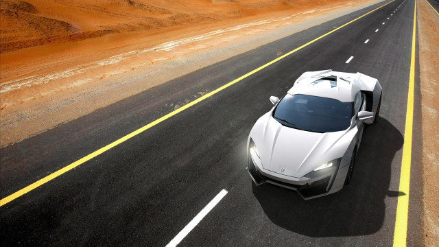 White sports car desert road free wallpaper for desktop - medium preview image