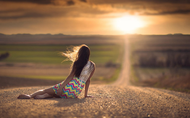 Girl sitting road sunset blowing free wallpaper for desktop - medium preview image