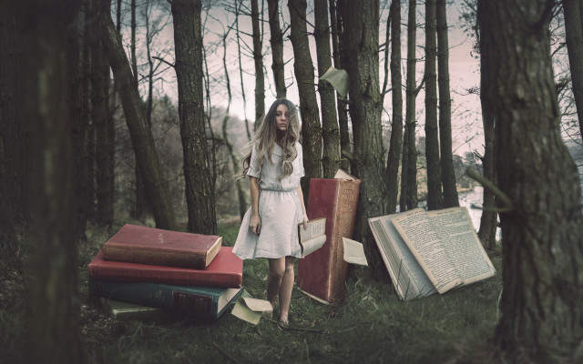 Woman woods books surreal magic free wallpaper for desktop - medium preview image