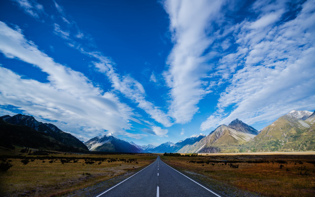 Long road clouds mountains blue free wallpaper for desktop - medium preview image