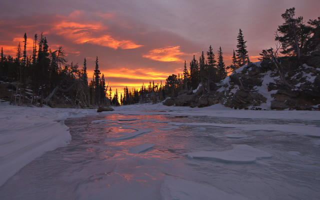 River forest snowset sunset redsky free wallpaper for desktop - medium preview image