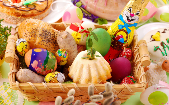 Decorated eggs bunnies pastel basket free wallpaper for desktop - medium preview image