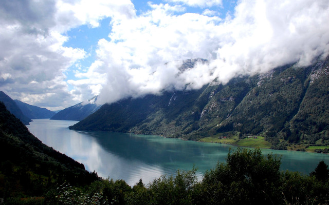 Lake mountains clouds trees sunset #2 free wallpaper for desktop - medium preview image