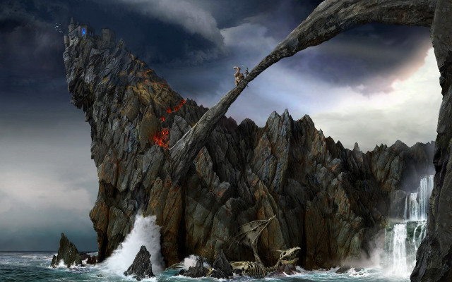 Waterfall bird mountain fantasy matte free wallpaper for desktop - medium preview image