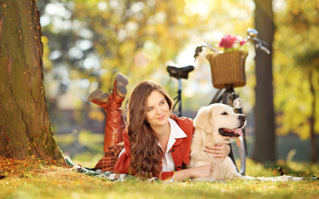 Woman dog autumn outdoors bokeh free wallpaper for desktop - medium preview image