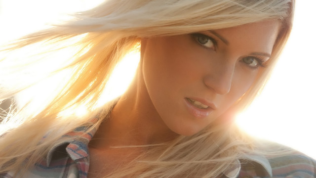 Woman longblondehair plaidshirt sunshine portrait free wallpaper for desktop - medium preview image