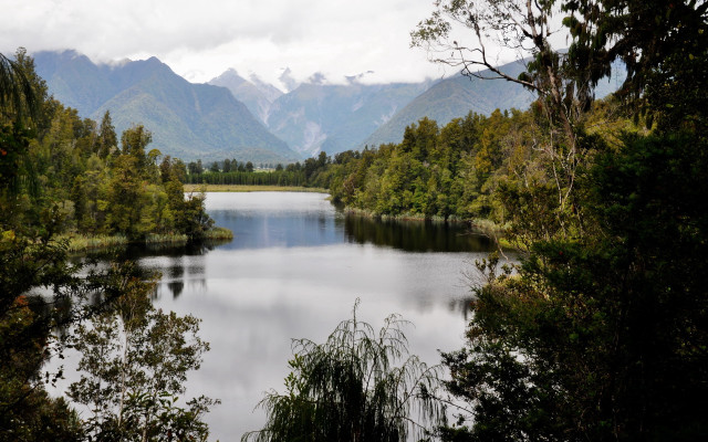 Lake mountains forest clouds trees free wallpaper for desktop - medium preview image