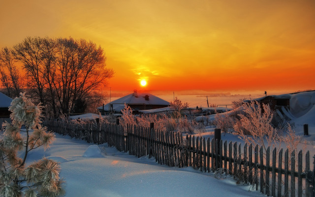 Snowy fence tree sunset house free wallpaper for desktop - medium preview image