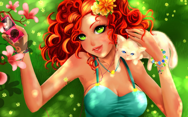 Woman bikini cat wine fantasy free wallpaper for desktop - medium preview image