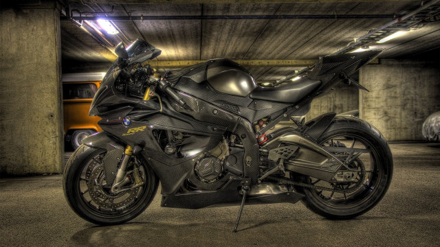 Motorcycle parking garage yellow cars free wallpaper for desktop - medium preview image