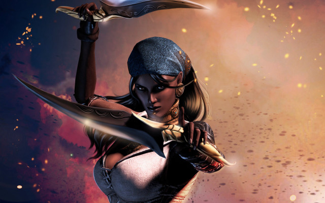 Woman sword armor fantasy sky free wallpaper for desktop - medium preview image