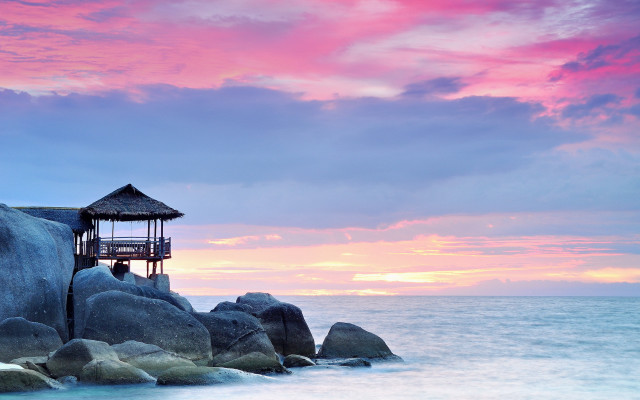 Small hut rock ocean sunset free wallpaper for desktop - medium preview image