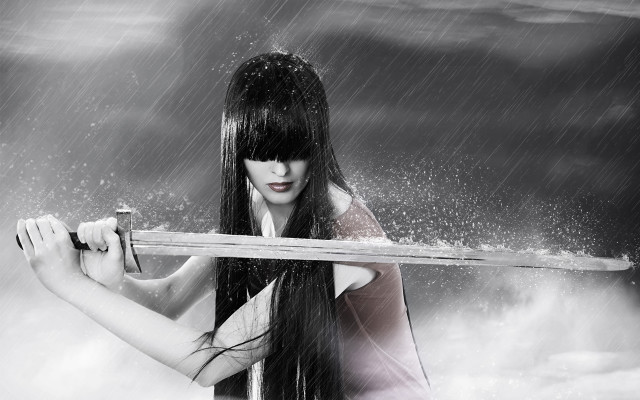 Woman sword rain clouds fantasy free wallpaper for desktop - medium preview image