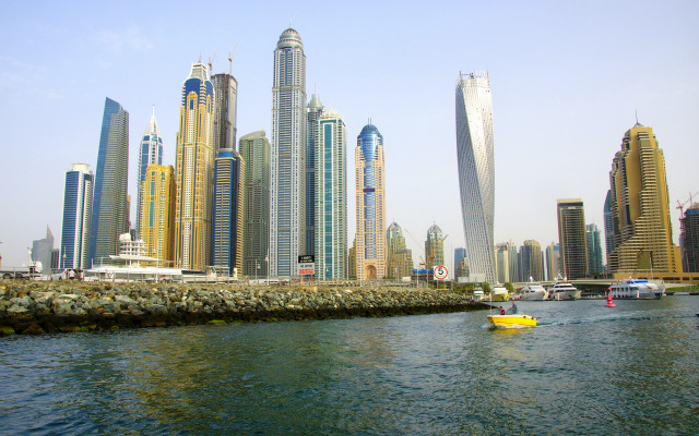 River cityscape ruins tower boat free wallpaper for desktop - medium preview image