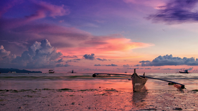 Boat beach purple sunset clouds free wallpaper for desktop - medium preview image