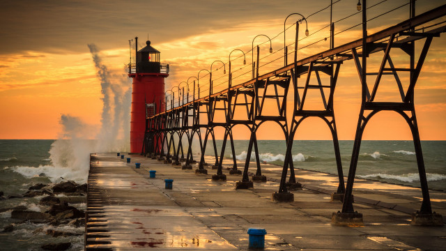 Red lighthouse pier ocean sunset free wallpaper for desktop - medium preview image
