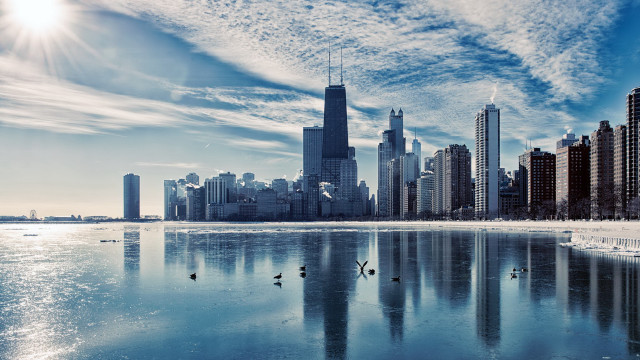 City skyline lake birds skyline free wallpaper for desktop - medium preview image