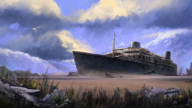 Ship water beach clouds architecture free wallpaper for desktop - medium preview image