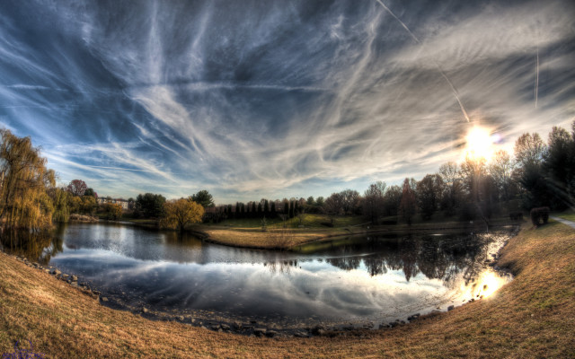 Lake green field cloudy sky free wallpaper for desktop - medium preview image