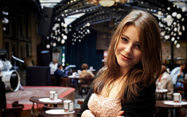 Woman smiling teddy bear cafe free wallpaper for desktop - medium preview image