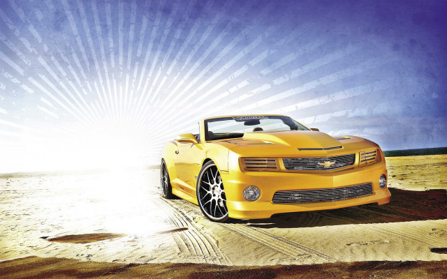 Yellow sports car sandy road free wallpaper for desktop - medium preview image