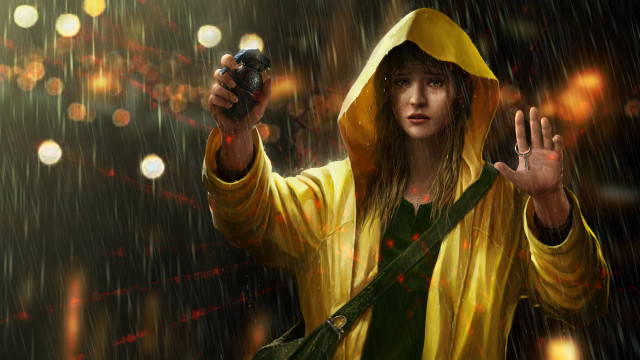 Woman raincoat camera rain night free wallpaper for desktop - medium preview image
