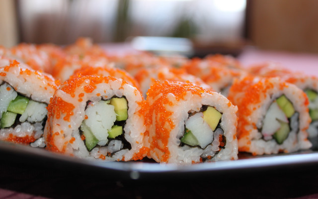 Sushi cucumbers sauce tablecloth blurry free wallpaper for desktop - medium preview image