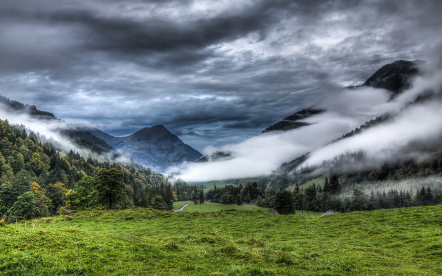 Mountain valley grassy forest clouds free wallpaper for desktop - medium preview image