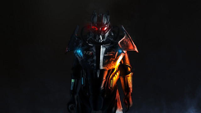 Futuristic man glowing eyes sword free wallpaper for desktop - medium preview image