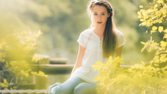 Woman bench park yellowflowers greentree free wallpaper for desktop - medium preview image