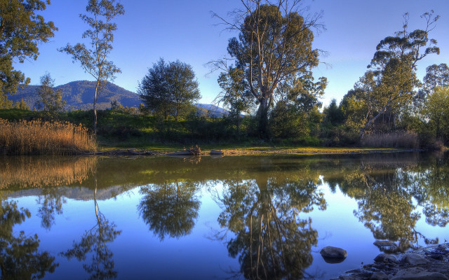 Lake mountain trees autumn reflections free wallpaper for desktop - medium preview image