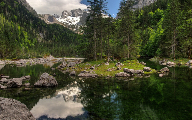 Mountain lake forest rocks snow free wallpaper for desktop - medium preview image