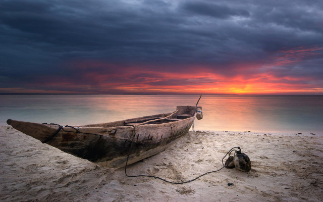 Boat beach sunset clouds matte free wallpaper for desktop - medium preview image